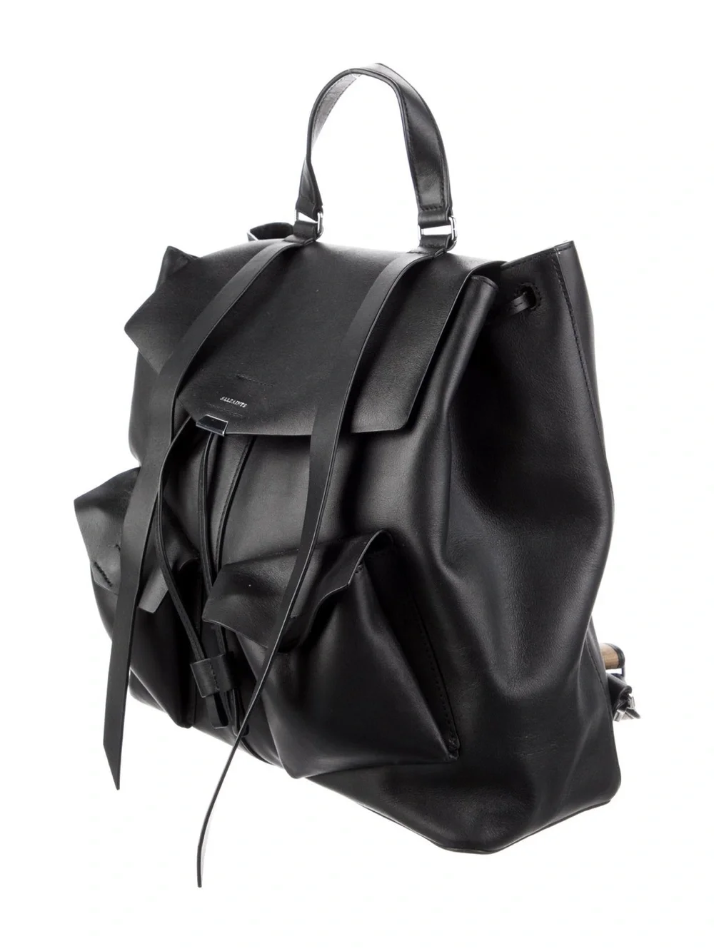 All Saints Black Leather Backpack with Front Pockets